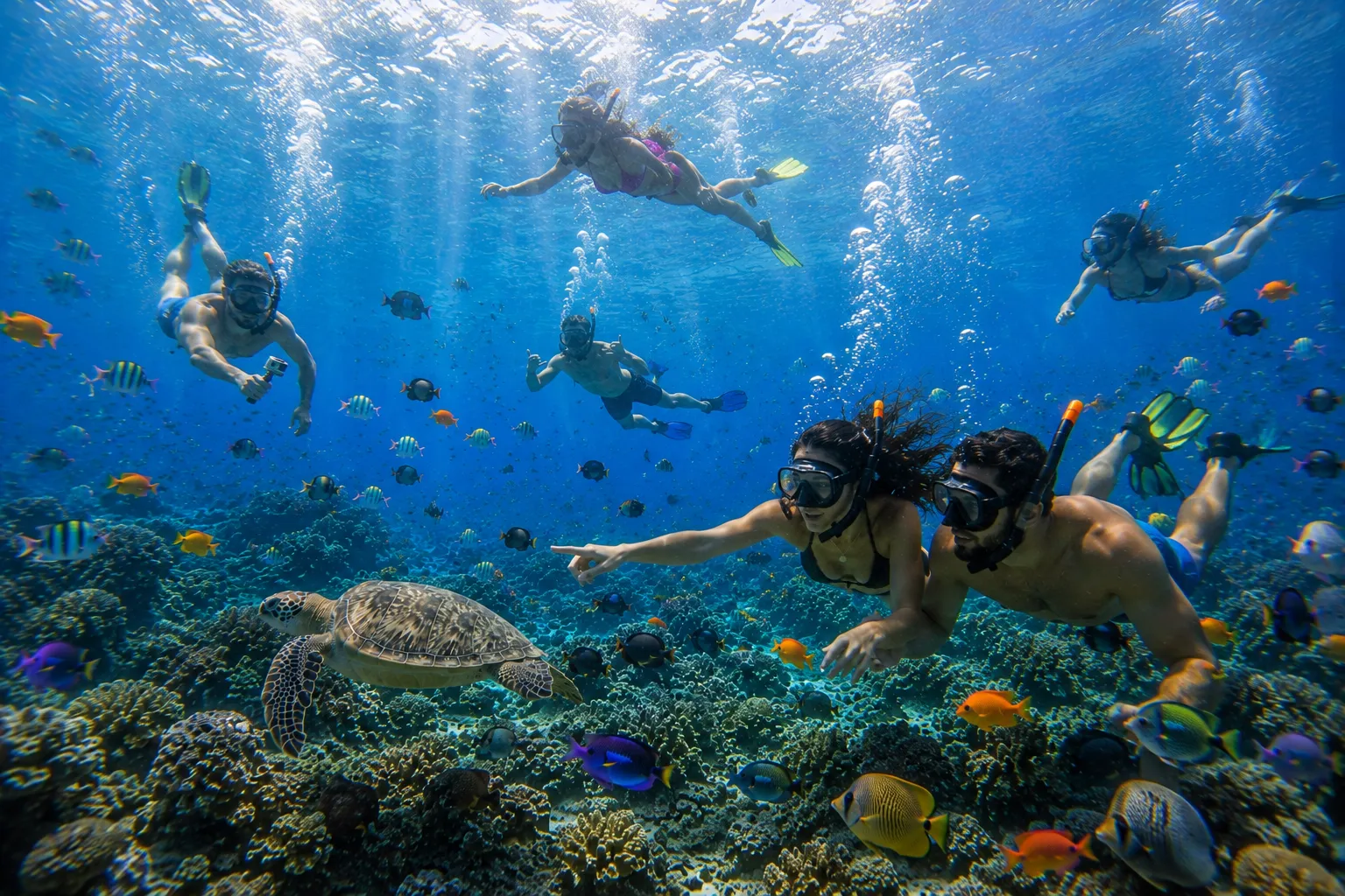 Snorkelers over a coral reef full of tropical fish and a sea turtle on the Red Sea in Hurghada