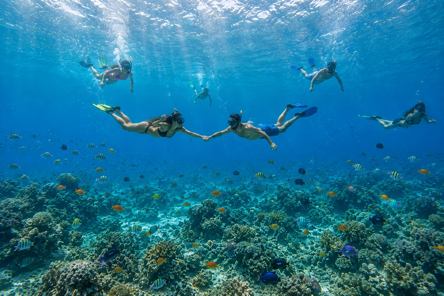 Friends enjoying a private speedboat day on the Red Sea in Hurghada